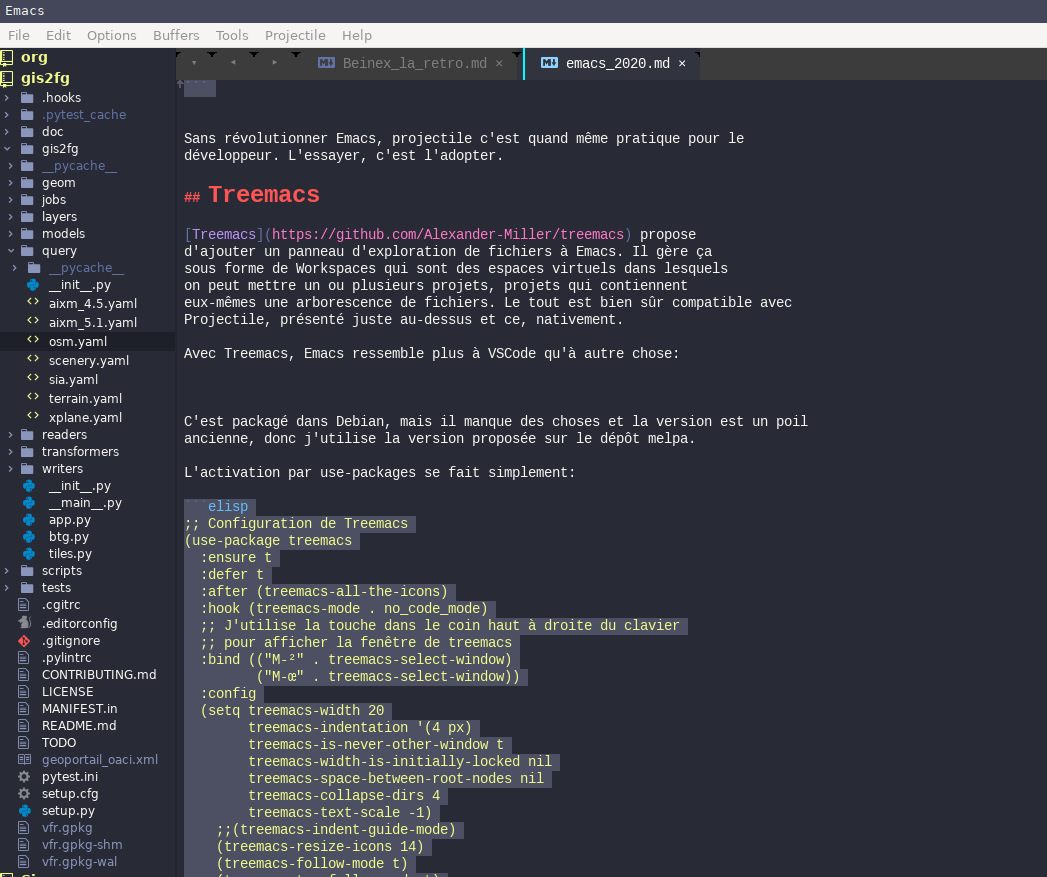 Capture d'écran Emacs avec Treemacs